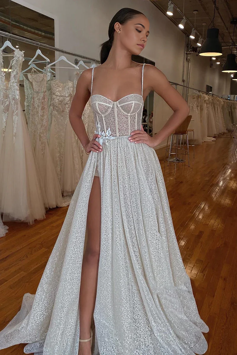 Wholesa A-Line Spaghetti Straps Lace Appliques Sparkly Wedding Dress